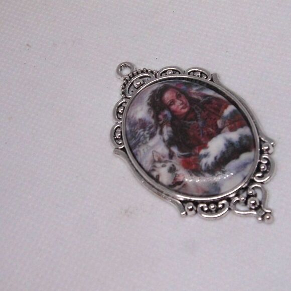 Native Tribal Maiden Wolf Porcelain Cameo Necklace - Picture 9 of 9